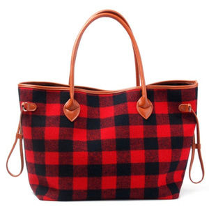 Large Red and Black Buffalo plaid print tote bag